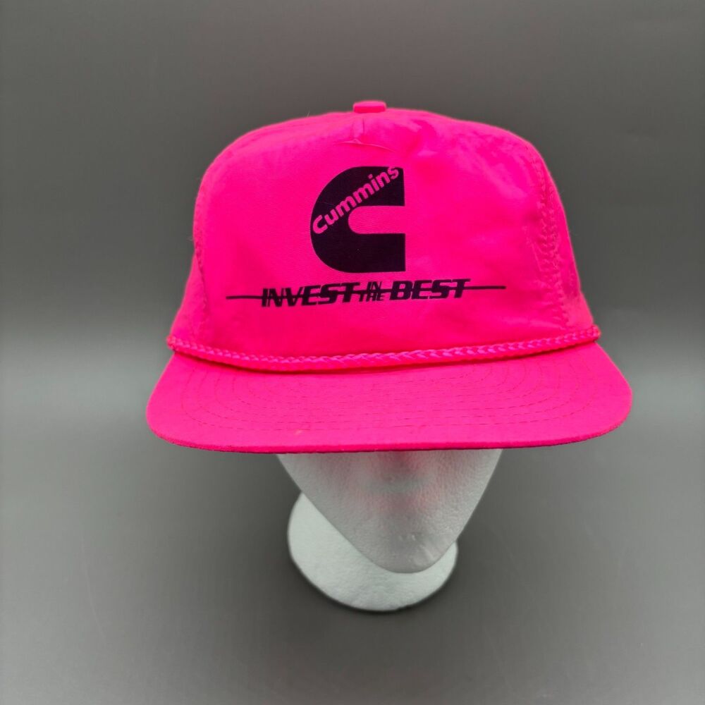 Vintage Cummins Racing Hat Neon Pink Strapback Adjustable Rope Cap Nylon 80s